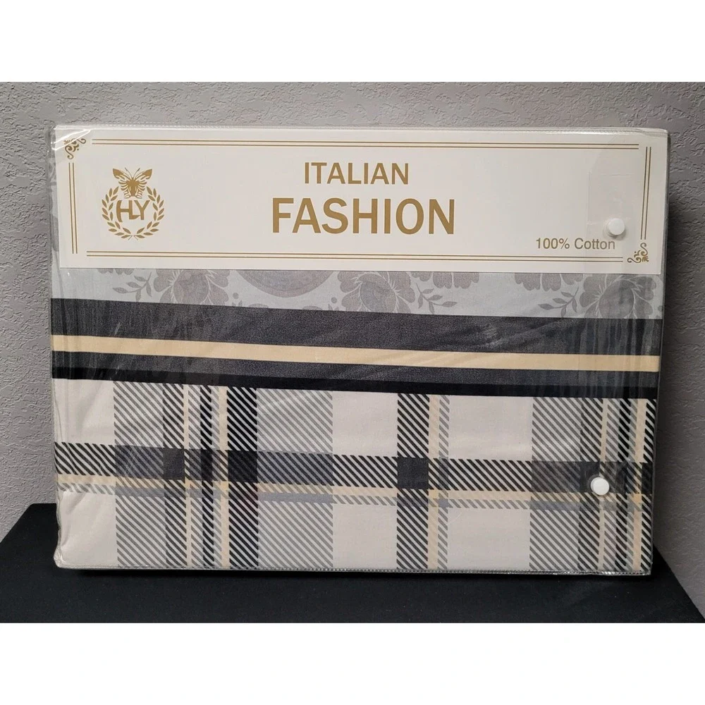 Italian Fashion Queen Size Duvet Cover Set 6 Pc Design #HY-888 Gray Floral/Plaid